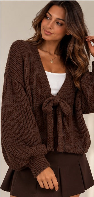 Strickcardigan mit Schleife – Schokobraun | One Size 34–42