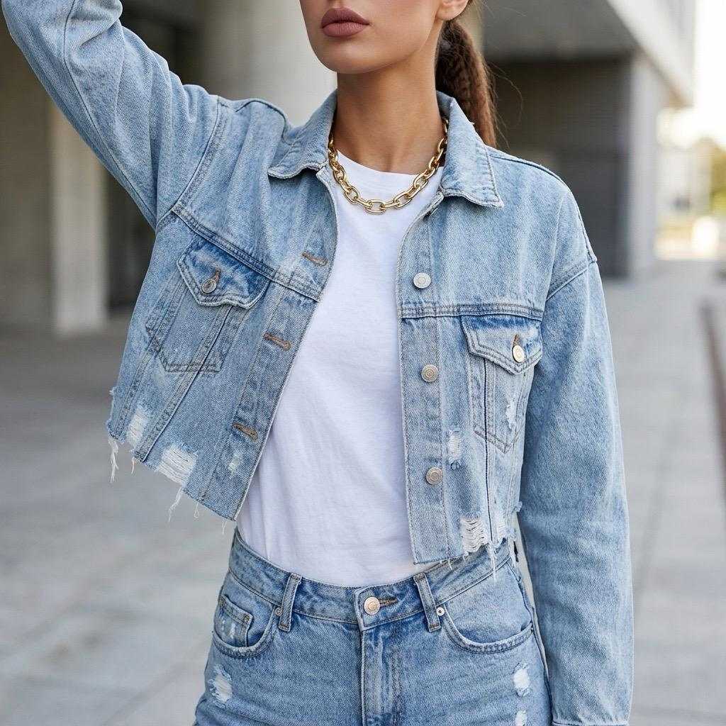 Cropped Jeansjacke aus Baumwolle mit Fransen am Saum