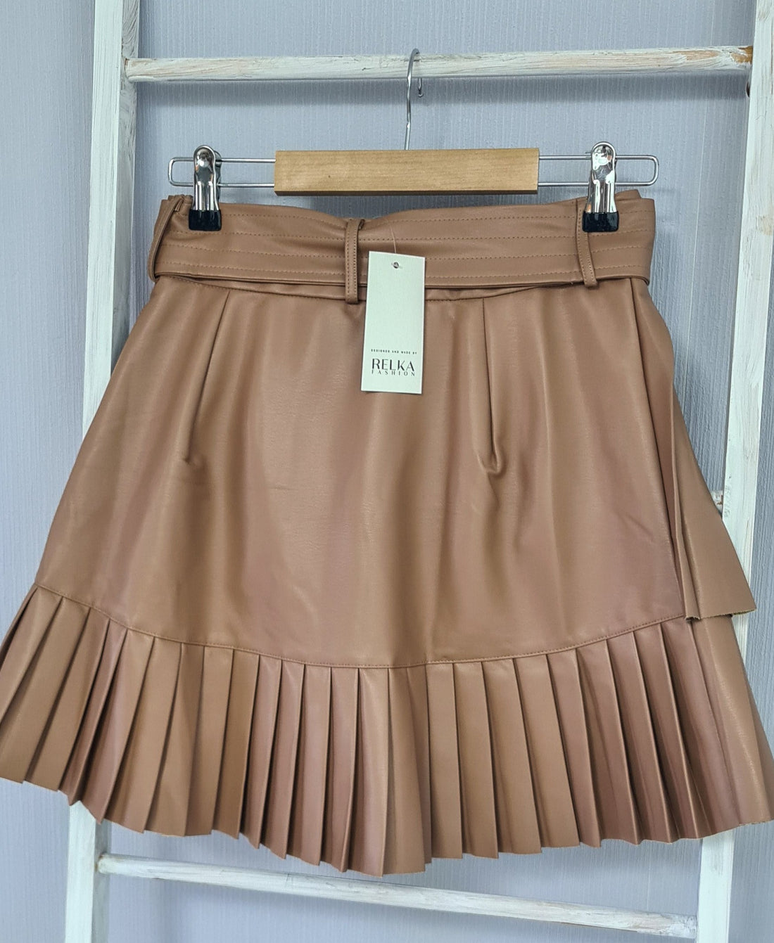 Lederimitat Falten Rock mit Gürtel - Beige