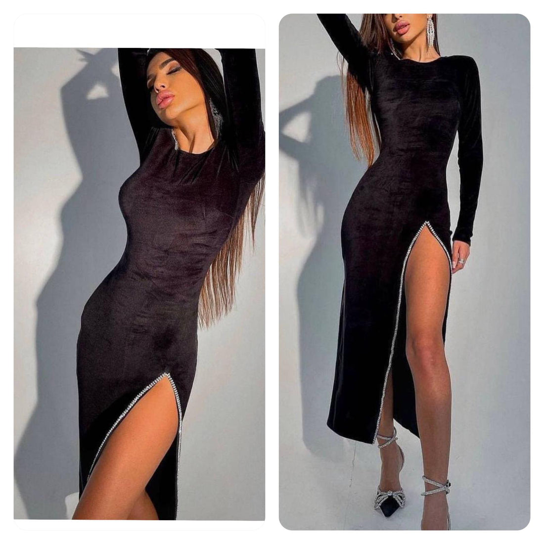 Samt Kleid mit hohem Beinschlitz in schwarz